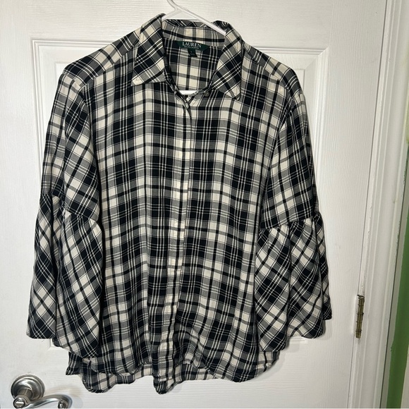 LAUREN RALPH LAUREN LRLPlaid Button Down Shirt Black White Bell Sleeve Large - Picture 1 of 12